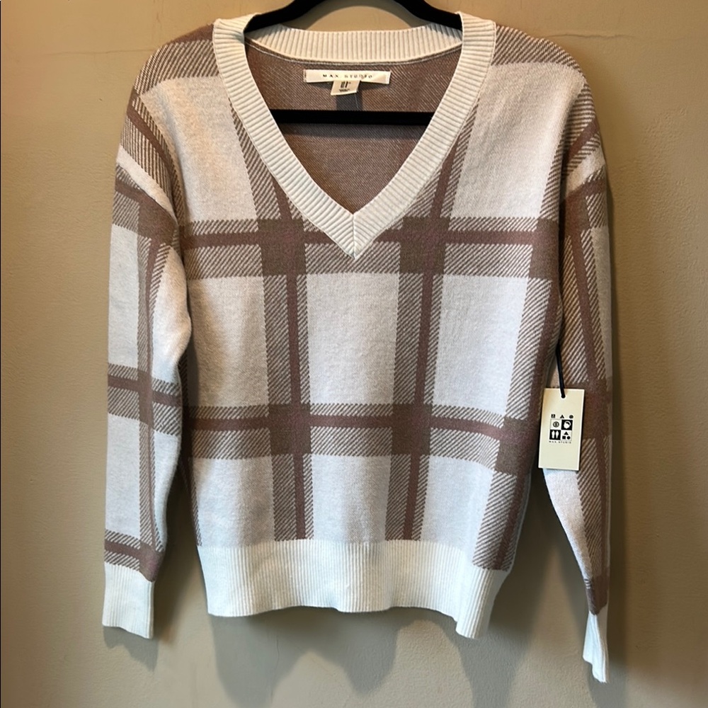 Max Studio V-Neck Sweater in Cream and Brown